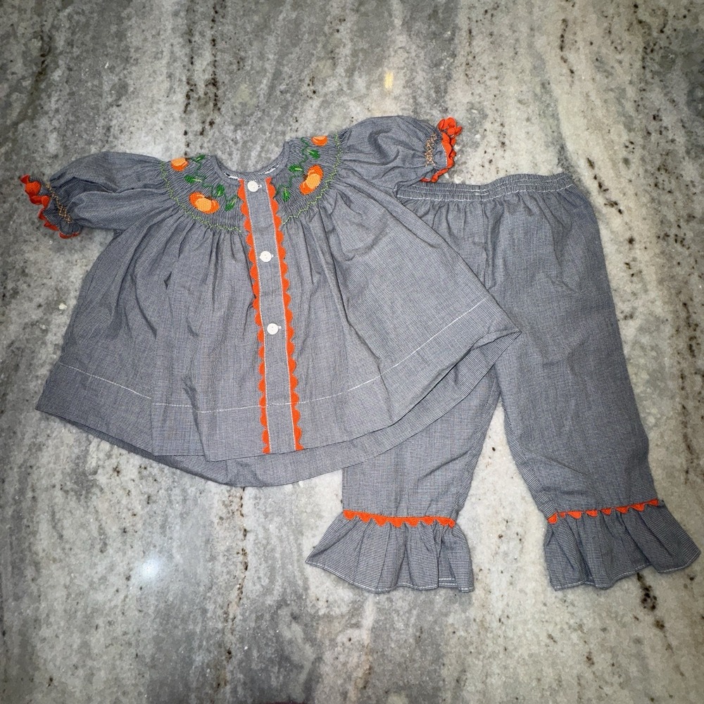 Remember Nguyen Smocked Pumpkin Gingham Set Top Flare Pants Girls 12 M Harvest